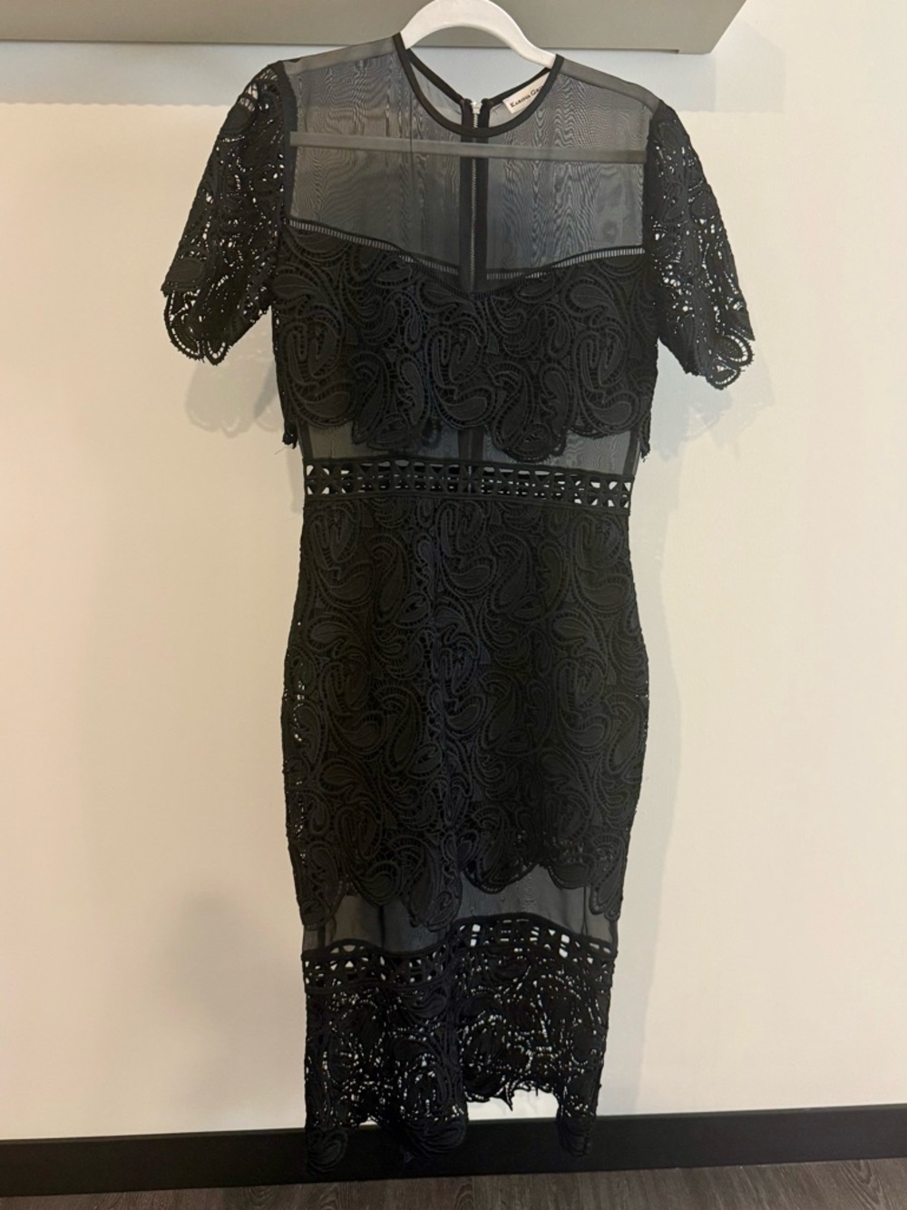 Karina Grimaldi Black Lace Midi Dress with Sheer Insets